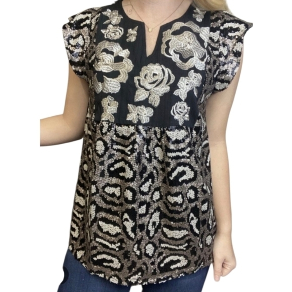Savanna Jane Women 3X Blackβ Silver Sequin Leopard Floral Embroidered Top P18033